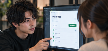 つくったアプリの画面をスタッフに説明する男性