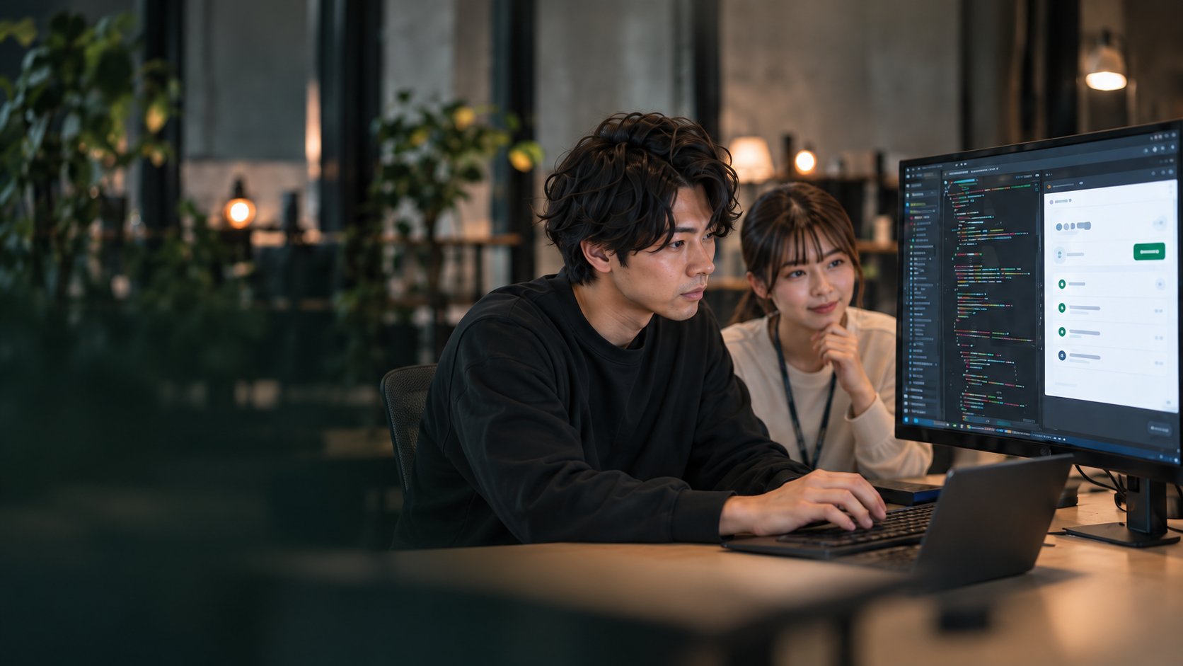 コードとアプリの画面に向き合う男性と、一緒に確認するスタッフ